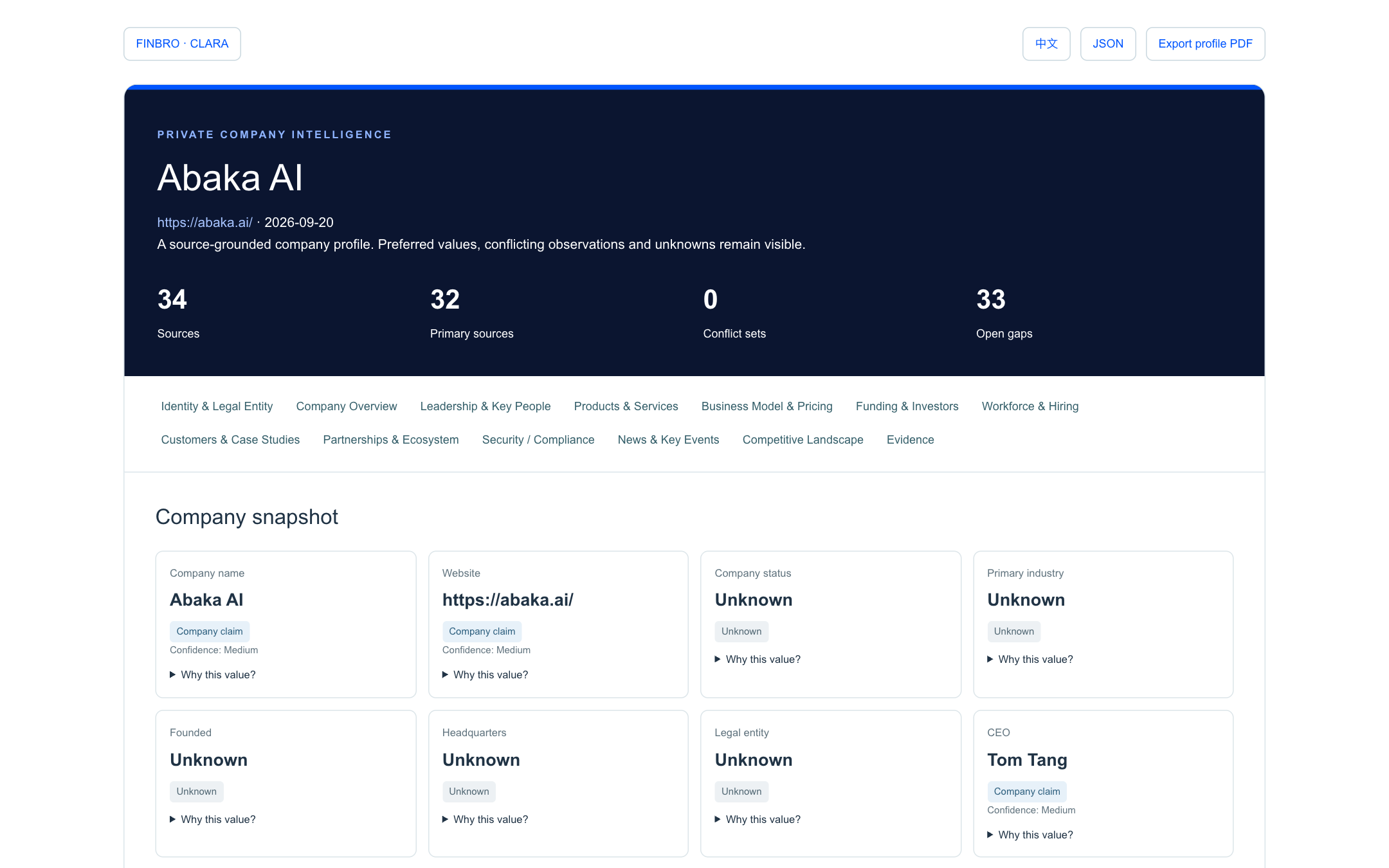 Clara company-research report in the actual FinBro interface, from an archived public-source snapshot