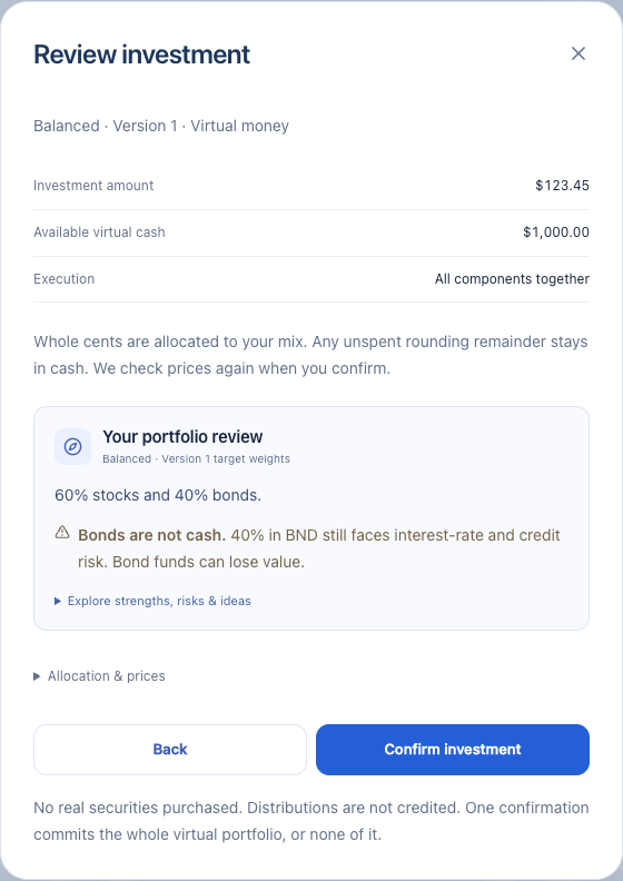 Idiot Finance virtual-order review shown with synthetic account and price data