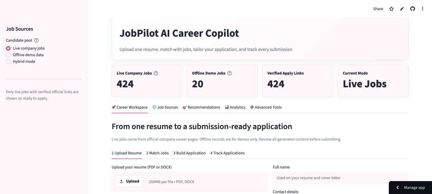 JobPilot workspace showing job-source options and candidate application workflow